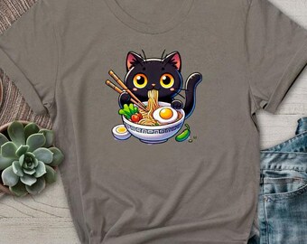 Noodle Cat Lover TShirt Funny Kitten Eating Ramen Vintage Japanese Quirky Playful  Humorous Shirt