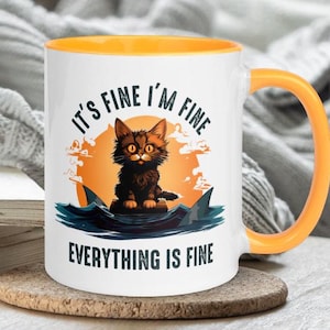 It's Fine I'm Fine Everything is Fine Mug Funny Humor Cartoon Black Cat Cup Gift Kitty Rescue Animal Shark Pet Ocean Sea Cute Sarcasm Crazy