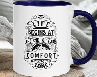 La vita inizia alla fine della tua zona di comfort Tazza con citazione motivazionale Montagne vintage Tazza da caffè e tè