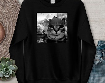 War Cat in the Battlefield Sweatshirt Kitten Soldier Army Battle Weirdcore Funny Weird Feline Gen Z Silly Meme Unhinged Military