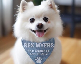 Custom Family Name Dog Bandana Adoption Date Cat Pet Scarf Tie Cute Paw Neckwear Personalized Clothes Blue Jean Denim Fabric Texture