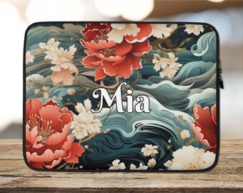 Custom Name Red Japanese Nature Laptop Sleeve Personalized Oriental Floral Asian Wave Case Sea Ocean Flowers BDL5002