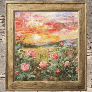 Rozentuin zonsondergang kruissteekpatroon pdf-grafiek landschap wilde natuur landschap retro kunst bloemen borduurwerk Cottagecore ontwerp weide zon