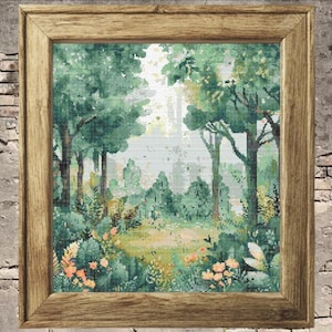 Bos kruissteekpatroon PDF-kaart met bomen Landschap Wilde natuur Landschap Retro kunst Bloemen borduurwerk Cottagecore Design Meadow