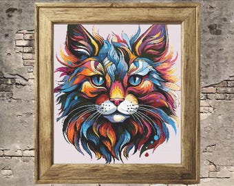 Cute Cat Face Cross Stitch Pattern PDF Kawaii Kitten Chart Retro Art Embroidery Cottagecore Design Abstract Pet