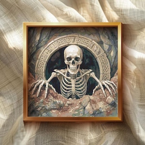 May include: A square framed print featuring a human skeleton emerging from a dark, circular stone opening with intricate Celtic knotwork carvings. The skeleton is positioned in the foreground with hands resting on rocky, earth-toned terrain.