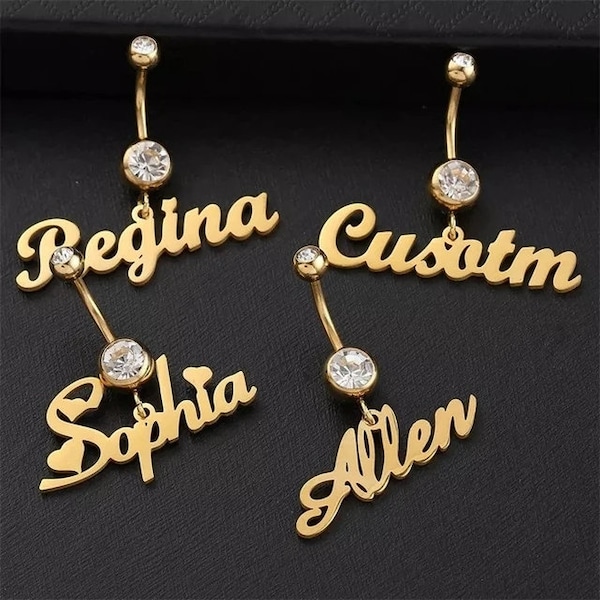 Custom Belly Ring, Navel Piercing Bar, Personalized Name, Dangling Zircon for Woman Body Jewelry