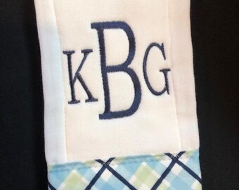 Baby boy, navy blue, baby blue and pastel green monogrammed burp cloth