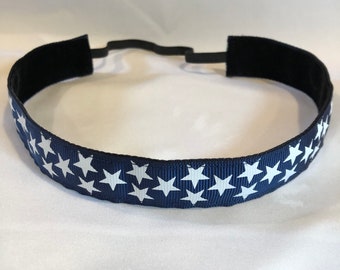 Patriotic, navy blue with white stars non slip headband
