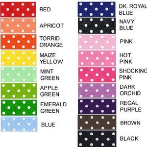 K&ouml;nnte beinhalten: Eine Farbkarte mit Polka-Dot-Band mit wei&szlig;en Punkten auf verschiedenen farbigen Hintergr&uuml;nden. Die Farben sind Rot, Aprikose, Torrid Orange, Maisgelb, Mintgr&uuml;n, Apfelgr&uuml;n, Smaragdgr&uuml;n, Blau, Dunkelblau, Marineblau, Rosa, Pink, Schockrosa, Dunkelorchidee, K&ouml;nigsblau, Braun und Schwarz.