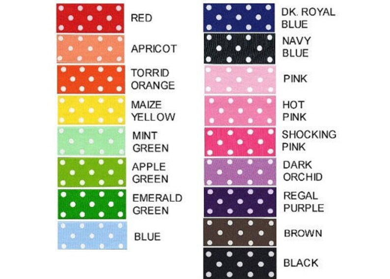 K&ouml;nnte beinhalten: Eine Farbkarte mit Polka-Dot-Band mit wei&szlig;en Punkten auf verschiedenen farbigen Hintergr&uuml;nden. Die Farben sind Rot, Aprikose, Torrid Orange, Maisgelb, Mintgr&uuml;n, Apfelgr&uuml;n, Smaragdgr&uuml;n, Blau, Dunkelblau, Marineblau, Rosa, Pink, Schockrosa, Dunkelorchidee, K&ouml;nigsblau, Braun und Schwarz.