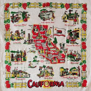 1960er Jahre California State Sehenswuerdigkeiten Vintage Tischdecke - wunderschoene lebendige Farben - VTG State Map Tapisserie - Neu mit Tag 1968 MCM
