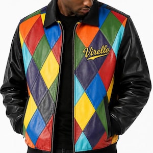 May include: A jacket featuring a multi-colored diamond pattern on the front panels in shades of red, blue, yellow, and green. The sleeves, collar, and hem are solid black. The word Virello is embroidered in yellow cursive on the upper left chest.