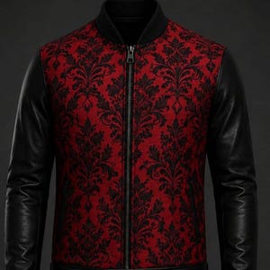 May include: A bomber jacket featuring a red torso with a black damask pattern and solid black sleeves. The jacket includes a black ribbed collar, a central front zipper, and a black leather-like hem with a single metal snap button closure.