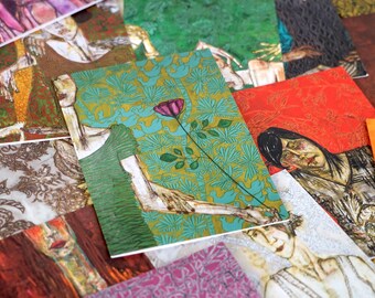 May include: A collection of colorful cards with intricate designs featuring stylized figures and floral patterns. The cards are stacked on top of each other, creating a layered effect.