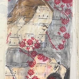 May include: Watercolor painting of a person's profile, overlaid with musical notes and red floral accents. The artwork features a muted color palette with a focus on the subject's face and the delicate floral details.