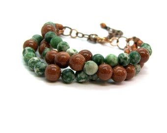 Multi beaded Bracelet Green spot Jaspers, Goldstone, Copper with extender