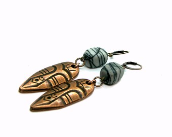 Ethic Tribal Copper Masks African styled long Web Jasper dangle earrings