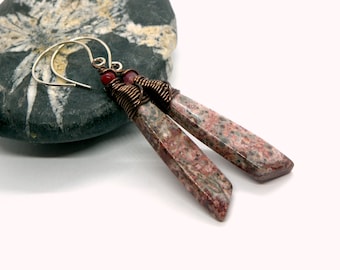 Wired Wrapped Gemstone Earrings, Leopard Skin Jasper, Triangle stone, Red, pink, black wrapped, bohemian chic earrings