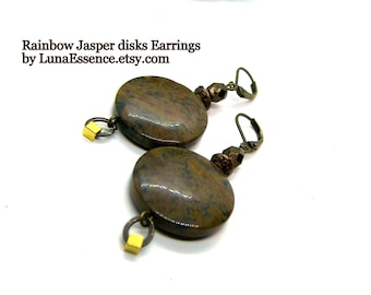 Coco brown Round Rainbow Jasper Disks Gemstones copper and lever back earrings