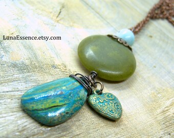Peruvian Opal, Green Jade, Amazonite wired Pendant, Unisex Pendants, Energy stone, Healing stones, Heart Pendant, Valentine gift