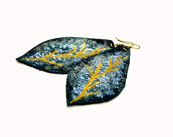 Leather leaf pointed hand painted earrings navy blue long  golden branches
