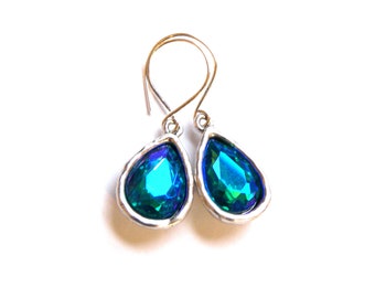 Large Blue Rhinestone Teardrop Earrings