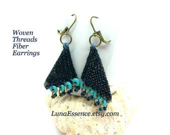 Woven threads fiber art Navy blue, Turquoise Howlite ring seed bead Earrings