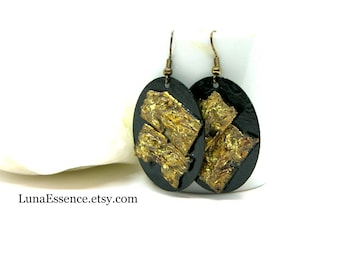 Baroque styled Gold on Black Oval Porcelain hand made Earrings