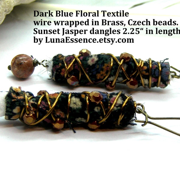 Boucles d'oreilles en fibre artistique textile coucher de soleil jaspe coucher de soleil