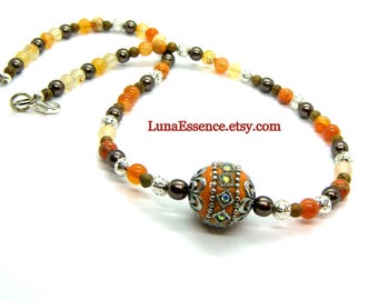 Bright Orange Bali styled silver beaded Necklace and earrings Jewelry set