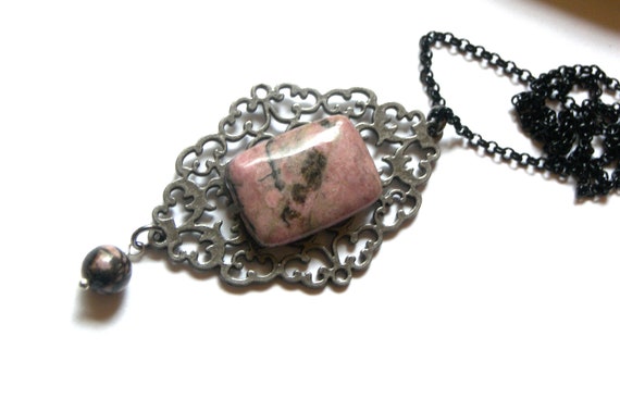 Rhodonite Silver Filigree Healing Stone Necklace