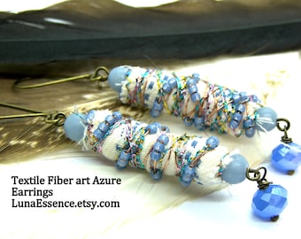 Soft Blue Fiber Textile Art Earrings that dangle, original earrings, unique earrings