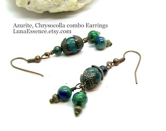 Azurite beaded, Chrysocolla Blue Green Copper embellished Earrings