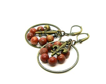 Red Jasper Purity Fleur de lis symbol circle brass lever backs beaded earrings
