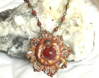 Fire Opal Hand Painted Clay Filigree Pendant beaded Necklace Carnelian Red