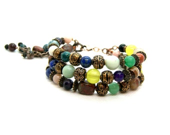 Colorful Gemstone Triple Bracelet in Copper