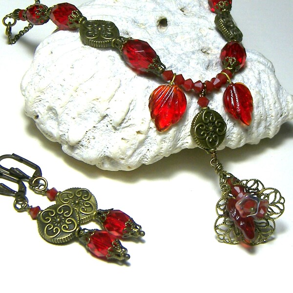 ensemble de bijoux victorien vintage feuilles florales rouge rubis rouge