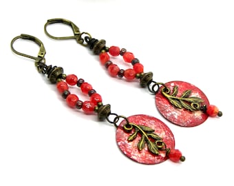 Red long Bohemian Beaded disk Chandelier Earrings