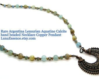 Hand beaded Rare Argentina Lemurian Aquatine Calcite Necklace Copper Focal