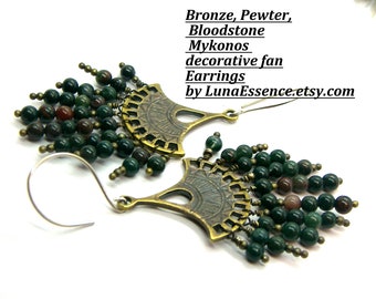 Bronze Mykonos fan chandelier Bloodstone dangle Earrings, 925 Sterling Silver hand formed hooks