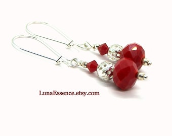Vibrant Red hand beaded Czech Sterling Silver filigree Crystal drop Earrings