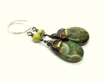 Rainforest Rhyolite Jasper wire wrapped Earrings, Rare Variscite Jasper bead wrap, gift for her, healing stones, energy stones