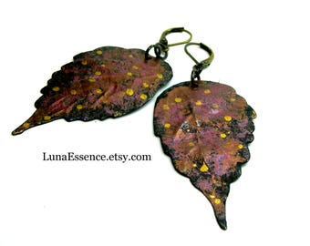 Colorful long Copper leaves dangle earrings on brass lever backs