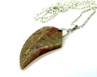 Eagles Beak Unakite Pendant, Silver Ball Chain, Unisex Jewelry