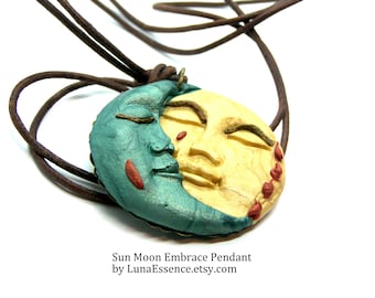 Sun Moon Embrace Pendant Clay Jewelry Large Pendant Leather Necklace polymer clay gift, gift for them, moon jewelry,sun jewelry,love jewelry