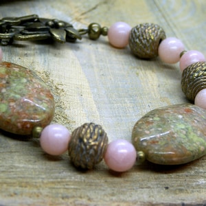 Unakite large focals, Pink Opal Bracelet, Tibetan bead, brass, floral toggle
