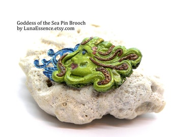 Sea Goddess Green blue Pin Brooch, sea gifts, gifts for her, goddess pin, polymer clay brooch, holiday gifts, handmade gift, gifts