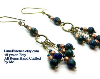 Bohemian long Azurite Copper Brass deep dark Blue Green Gemstone Earrings