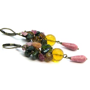 Rhodonite, Tourmaline, Citrine Cluster Gemstones long wire wrapped Earrings